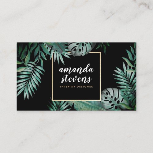 Chic gold foil black tropical green watercolor business card