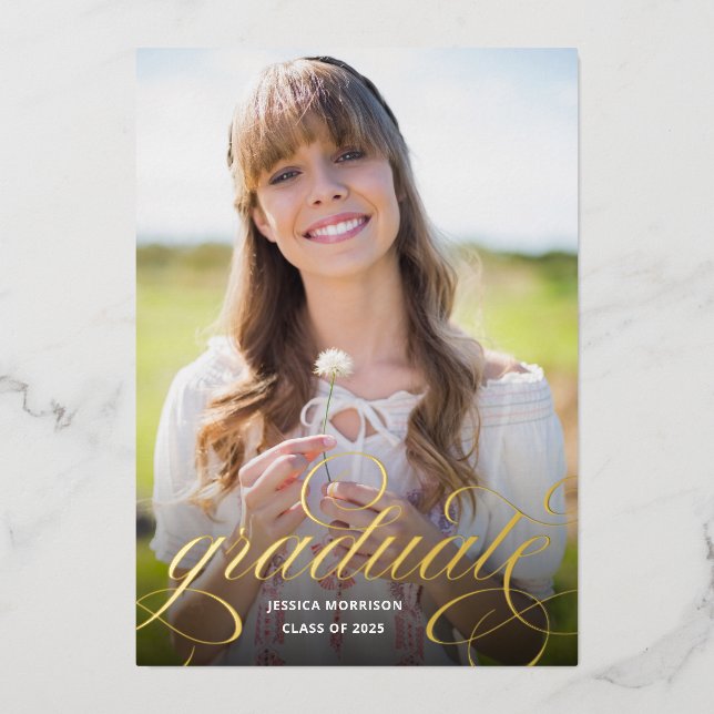 Chic Gold Foil Calligraphy Photo Graduation Party Foil Invitation (Front)