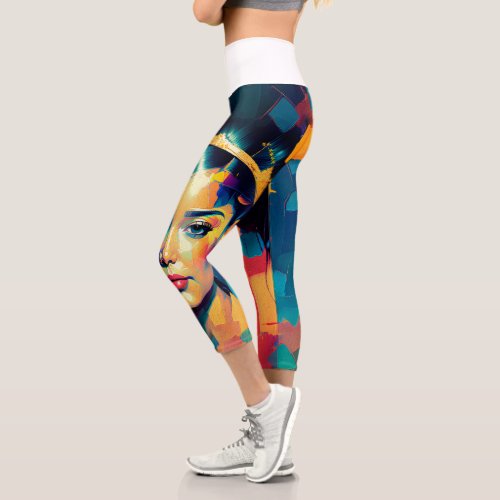 Chic Gold Foil Colorful Women Impasto Oil Painting Capri Leggings