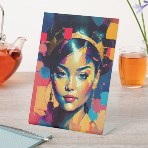 Chic Gold Foil Colorful Women Impasto Oil Painting Pedestal Sign