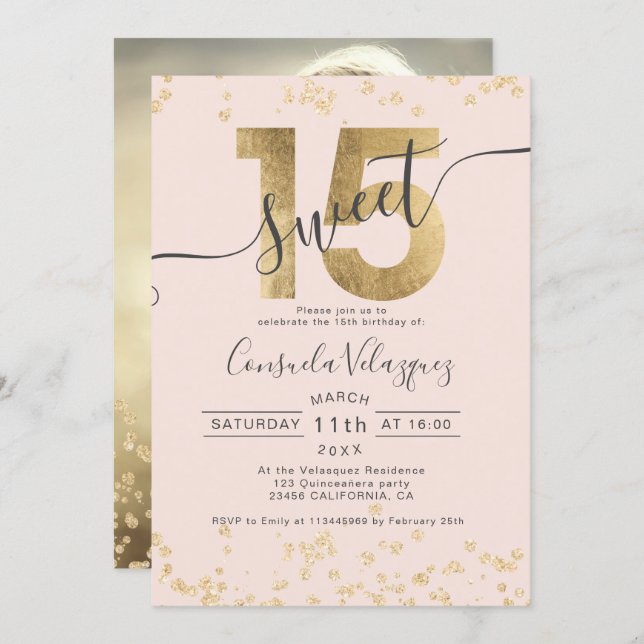 Chic gold foil confetti blush Quinceanera photo Invitation (Front/Back)