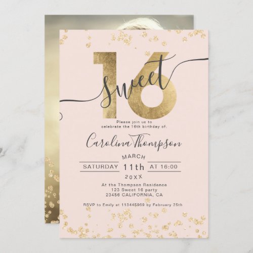 Chic gold foil confetti blush Sweet 16 photo Invitation