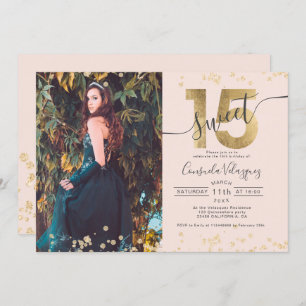 Chic gold foil confetti photo blush Quinceanera Invitation