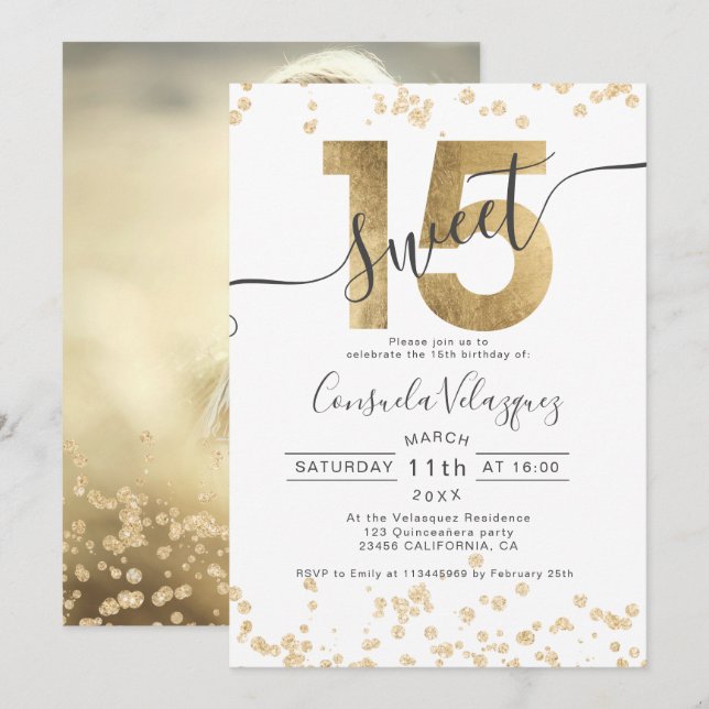 Chic gold foil confetti white Quinceanera photo Invitation (Front/Back)