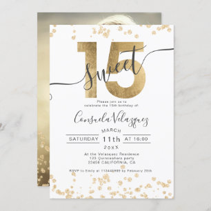Chic gold foil confetti white Quinceanera photo Invitation