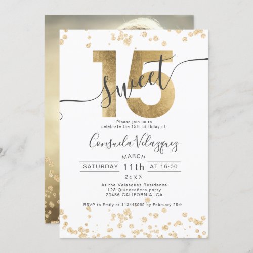 Chic gold foil confetti white Quinceanera photo Invitation