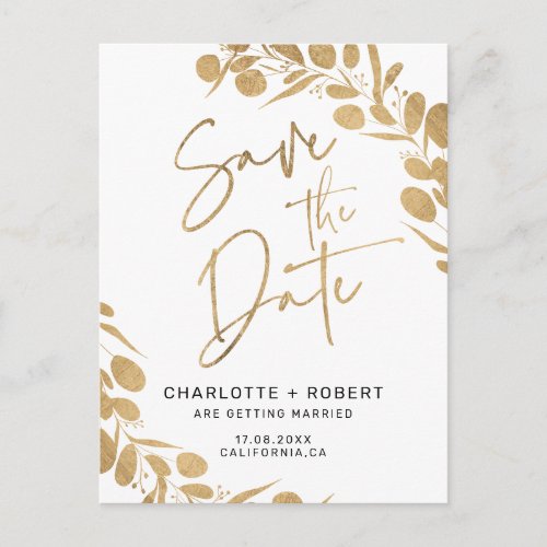 Chic gold foil eucalyptus wedding save the date announcement postcard