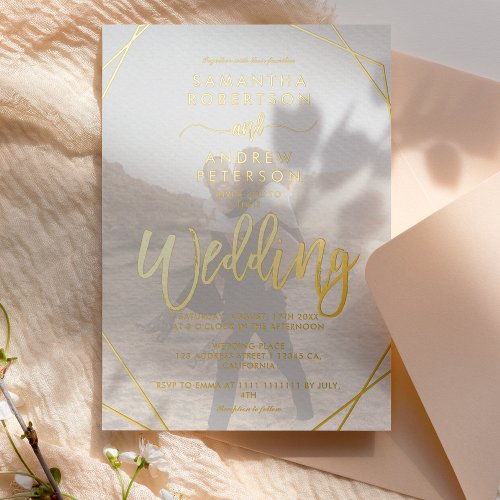 Chic gold foil frame simple photo script wedding foil invitation