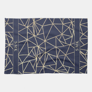 Chic Gold Foil Geometric Polygon Navy Blue Kitchen Towel