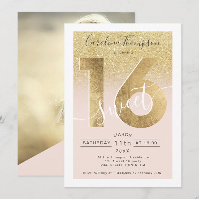 Chic gold foil glitter script blush Sweet 16 photo Invitation (Front/Back)