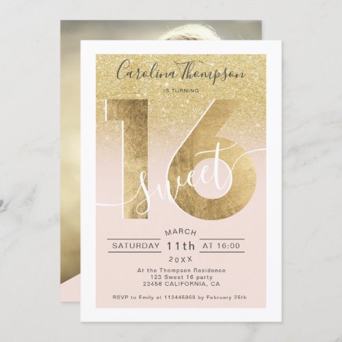 Chic gold foil glitter script blush Sweet 16 photo Invitation