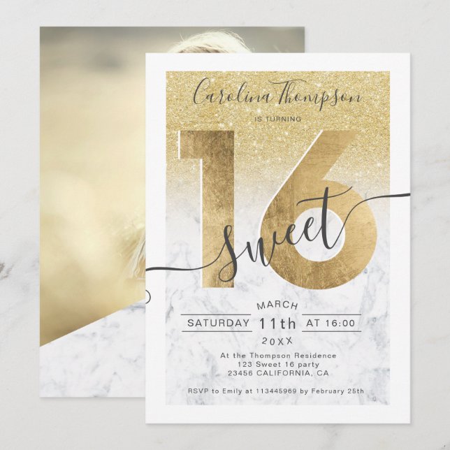 Chic gold foil glitter smarble Sweet 16 photo Invitation (Front/Back)