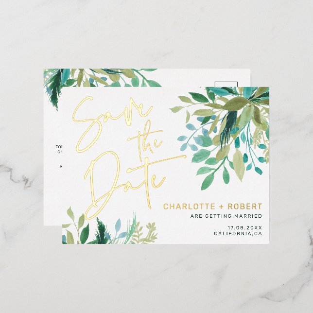 Chic gold foil greenery wedding save the date invitation postcard (Front/Back)