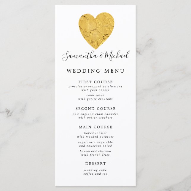 Chic Gold Foil Heart Wedding Menu (Front)