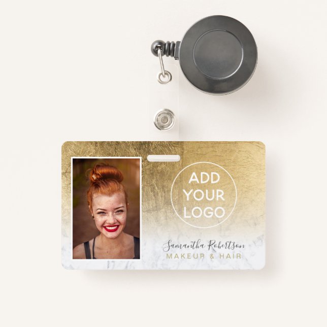 Chic gold foil marble logo employee photo pass badge (Front with Retractable)