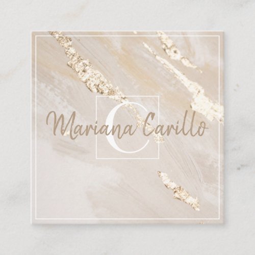 Chic Gold Foil Marble Monogram Square Business Card