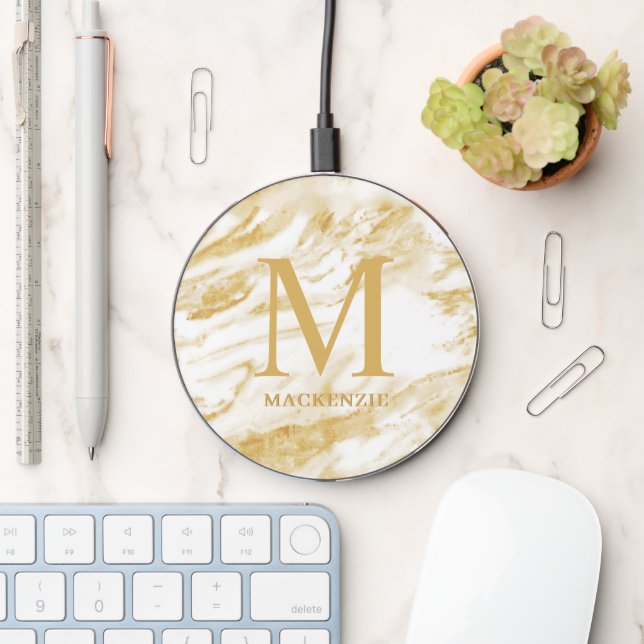 Chic Gold Foil Marble Monogram Wireless Charger (Desk)