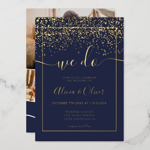 Chic gold foil navy blue photo initials wedding foil invitation