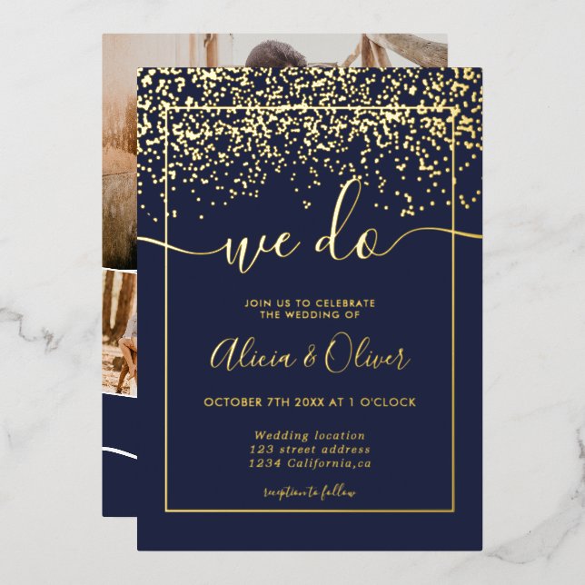 Chic gold foil navy blue photo initials wedding foil invitation (Front/Back)