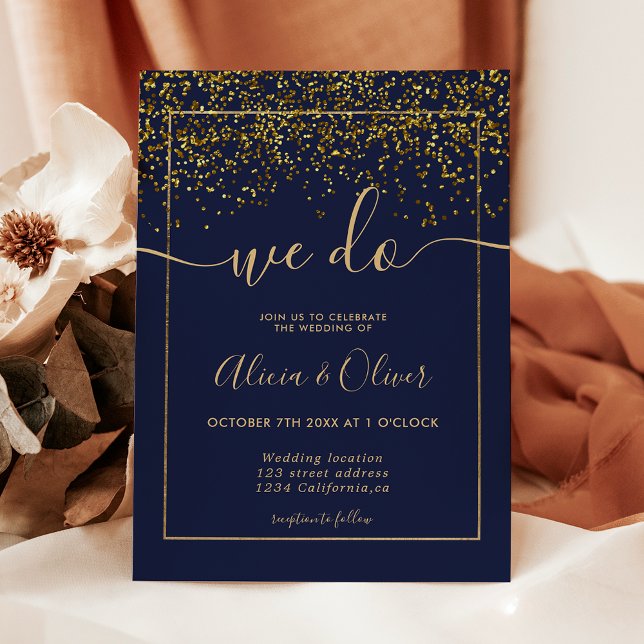 Chic gold foil navy blue photo initials wedding invitation (Chic gold foil navy blue photo initials wedding invitation)