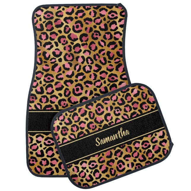 Chic Gold Foil Pink Leopard Print Personalized Car Floor Mat (Set)