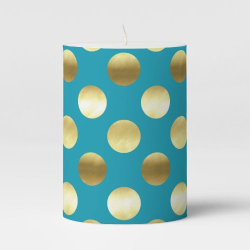Chic Gold Foil Polka Dots Turquoise Pillar Candle