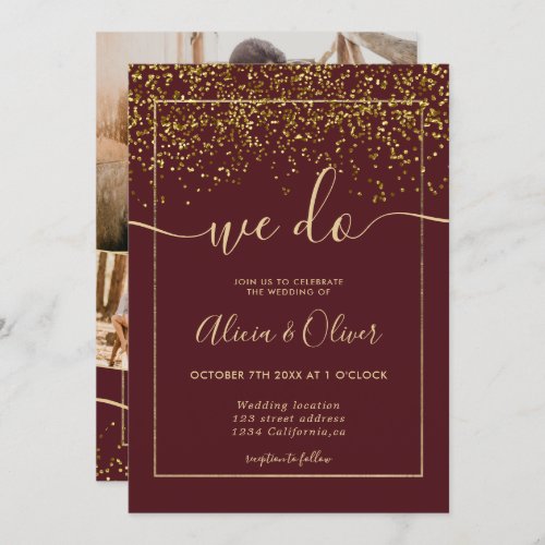 Chic gold foil red burgundy photo initials wedding invitation