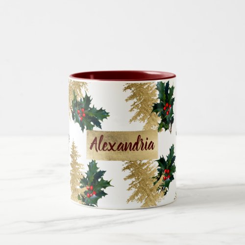Chic gold foil red green holly ivy christmas tree Two_Tone coffee mug