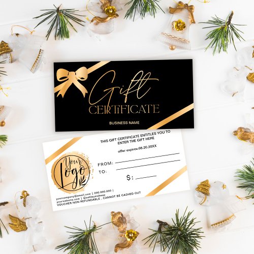 Chic gold foil ribbon black logo gift certificate