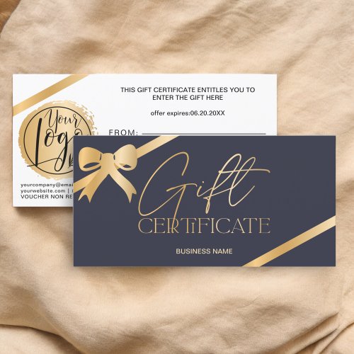 Chic gold foil ribbon blue logo gift certificate