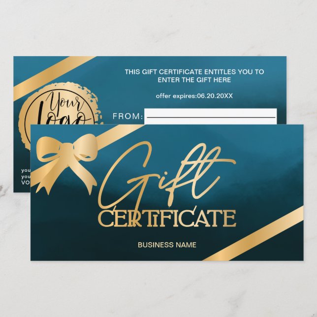 Chic gold foil ribbon blue logo gift certificate (Front/Back)