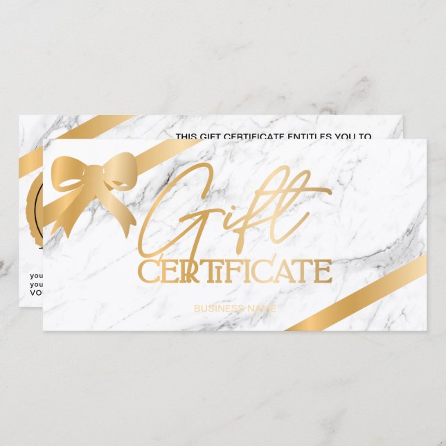 Chic gold foil ribbon marble logo gift certificate (Front/Back)