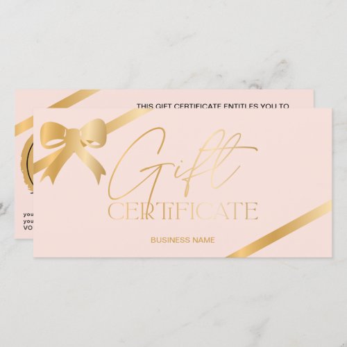Chic gold foil ribbon pink logo gift certificate
