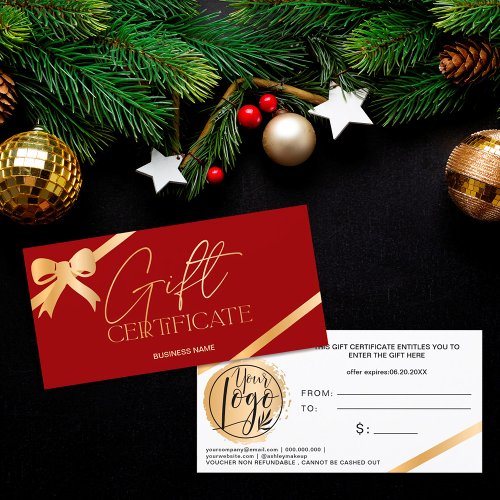 Chic gold foil ribbon red logo gift certificate