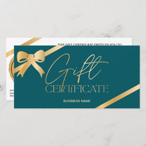 Chic gold foil ribbon teal logo gift certificate