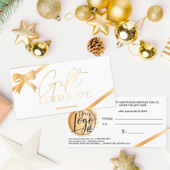 Chic Gold Foil Ribbon White Logo Gift Certificate by girly_trend at Zazzle