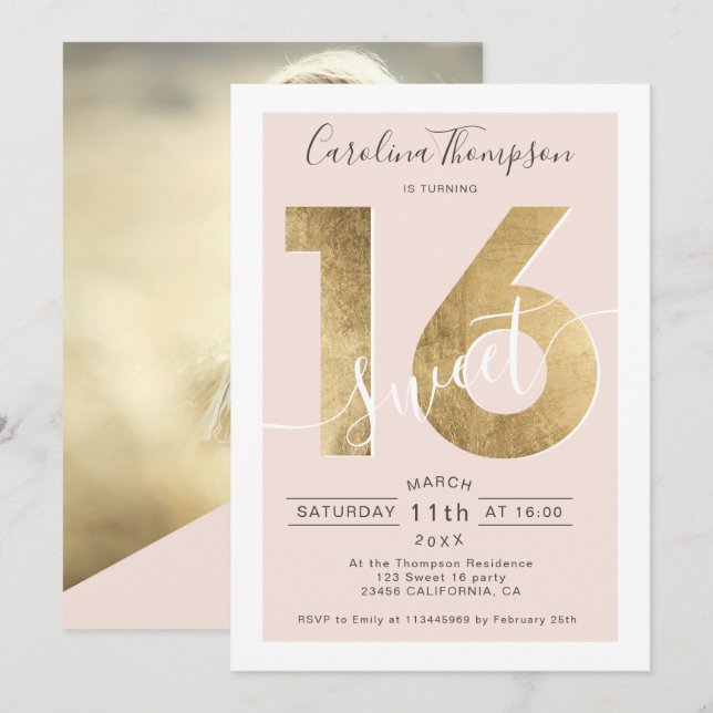 Chic gold foil script blush Sweet 16 photo Invitation (Front/Back)