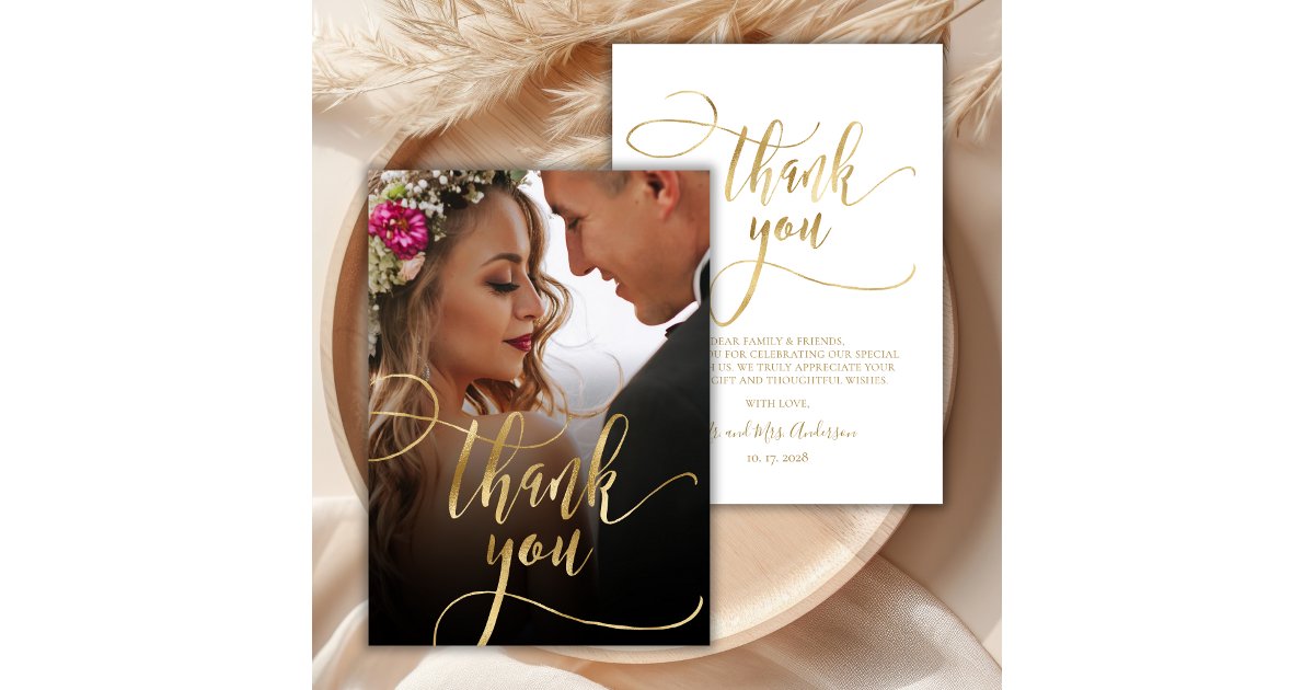 Chic Gold Foil Script Photo Wedding Thank You Card | Zazzle