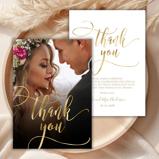 Chic Gold Foil Script Photo Wedding Thank You Card | Zazzle