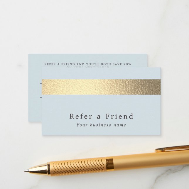 Chic Gold Foil Stripe On Powder Blue Referral Card (Front/Back In Situ)