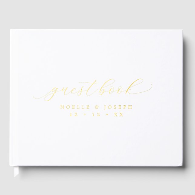 Chic Gold Foil & White Elegant Calligraphy Wedding Foil Guest Book (Front)
