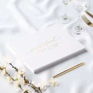 Chic Gold Foil & White Elegant Calligraphy Wedding Foil Guest Book
