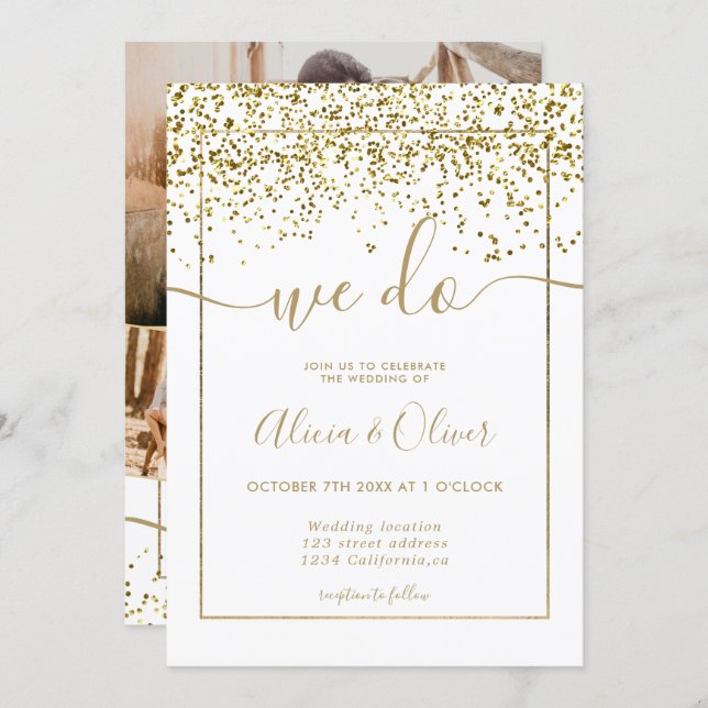 Chic gold foil white photo initials wedding invitation (Front/Back)