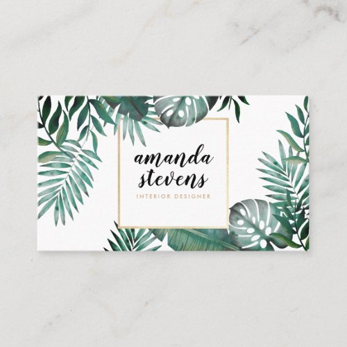 Chic gold foil white tropical green watercolor business card