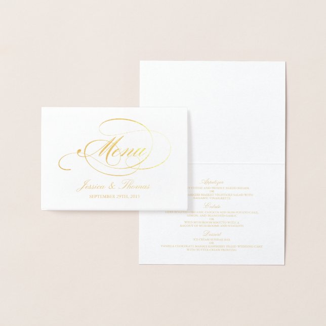 Chic Gold Foil & White Wedding Menu Card Template (Display)