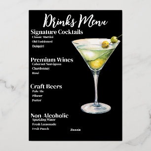 Chic Gold-Foiled Drinks Party Bar Menu
