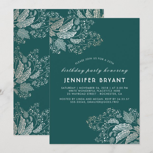 Chic Gold Foliage Teal Elegant Birthday Party Invitation (Front/Back)