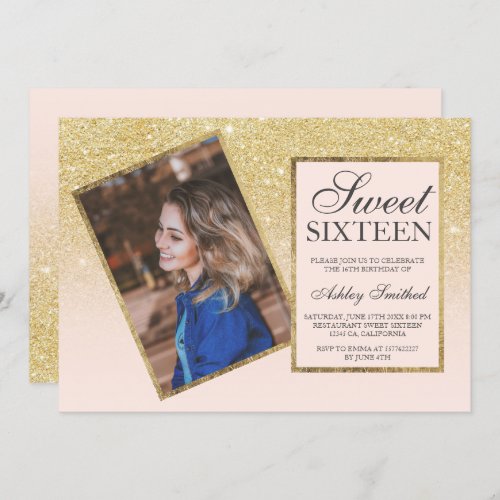 Chic gold frame blush ombre photo Sweet 16 Invitation