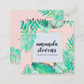 Chic gold frame blush pink watercolor tropical square business card (Front/Back)