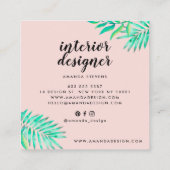 Chic gold frame blush pink watercolor tropical square business card (Back)